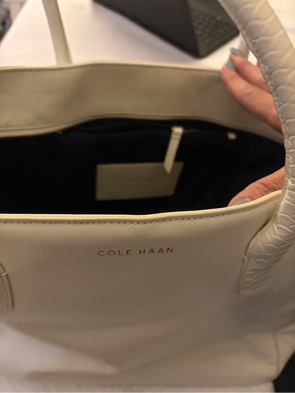 Cole Haan Cream/White Leather Tote with Braided Handles